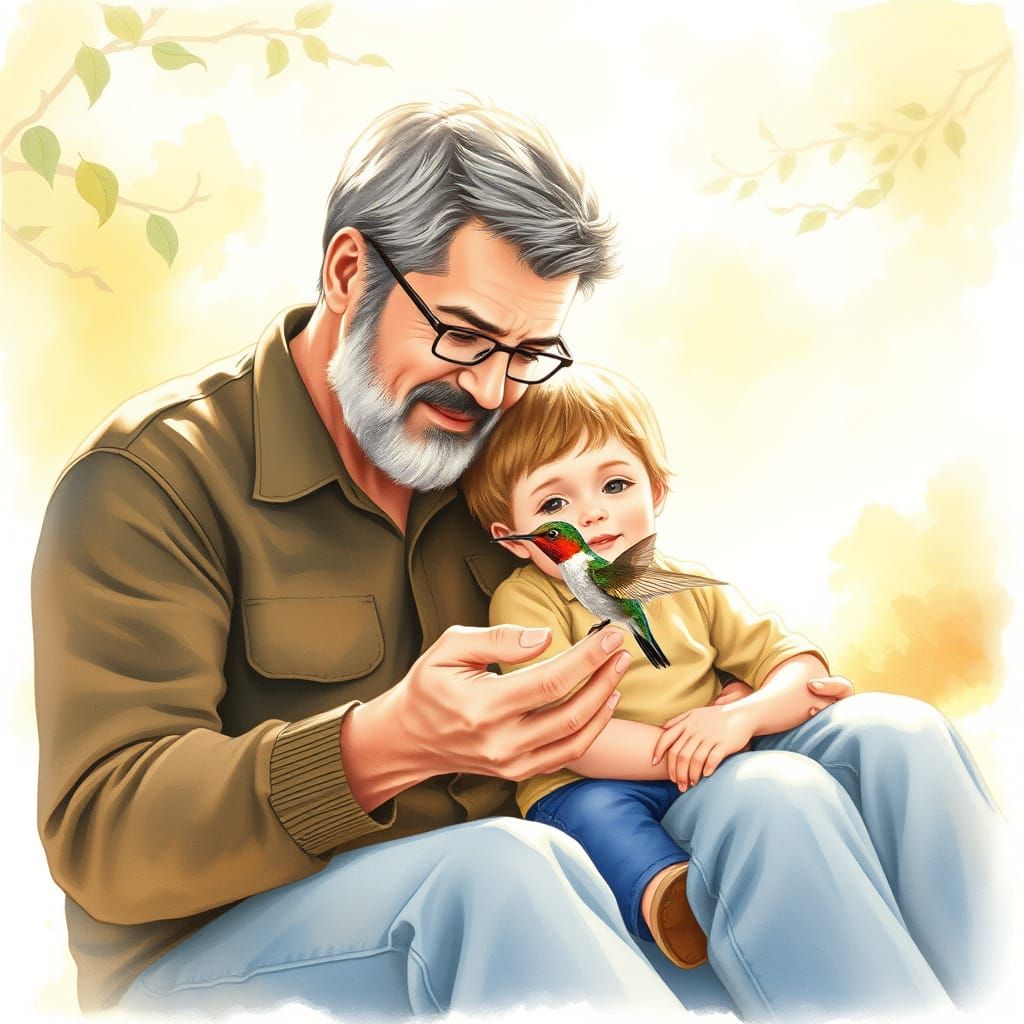 Heartwarming Father and Son with Hummingbird