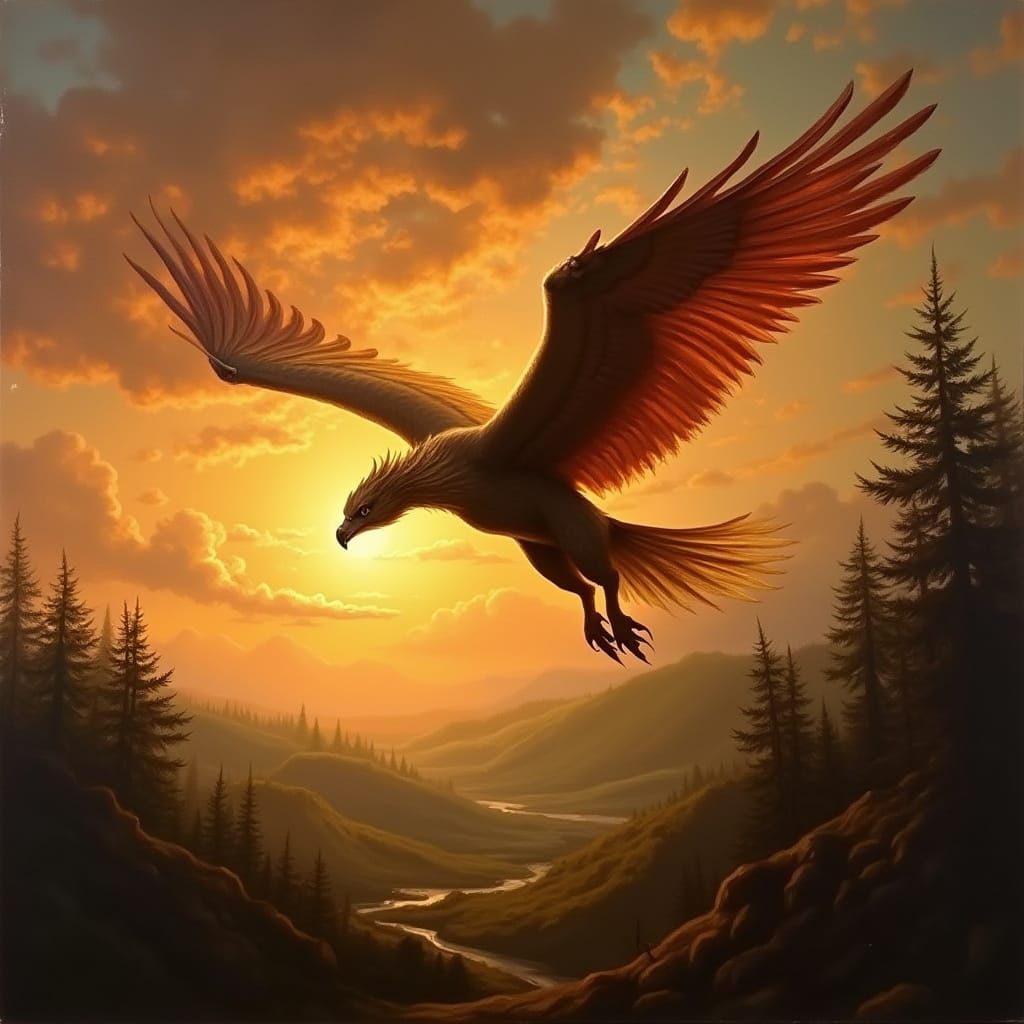 Griffin Soaring at Sunset in Classical Oil Painting