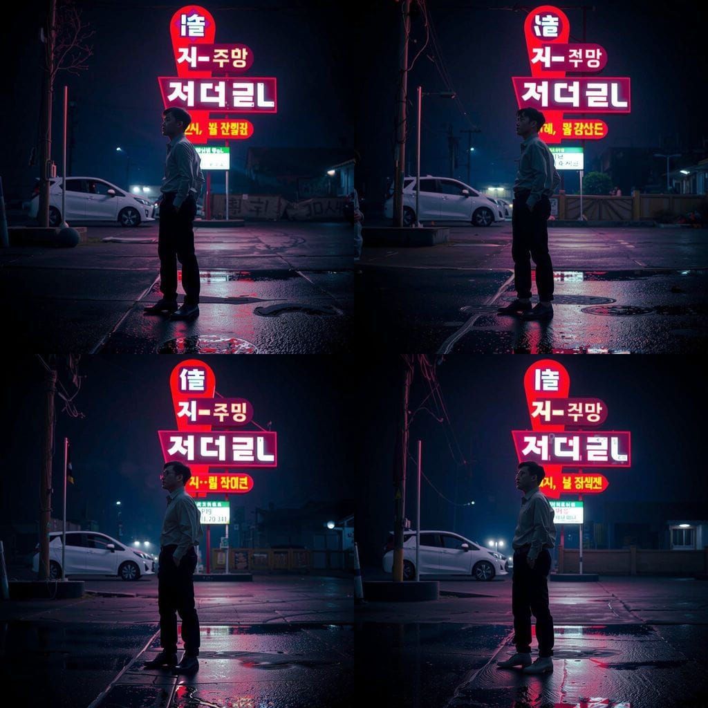 Dark Korean Man Lost in Thought Under Neon Sign