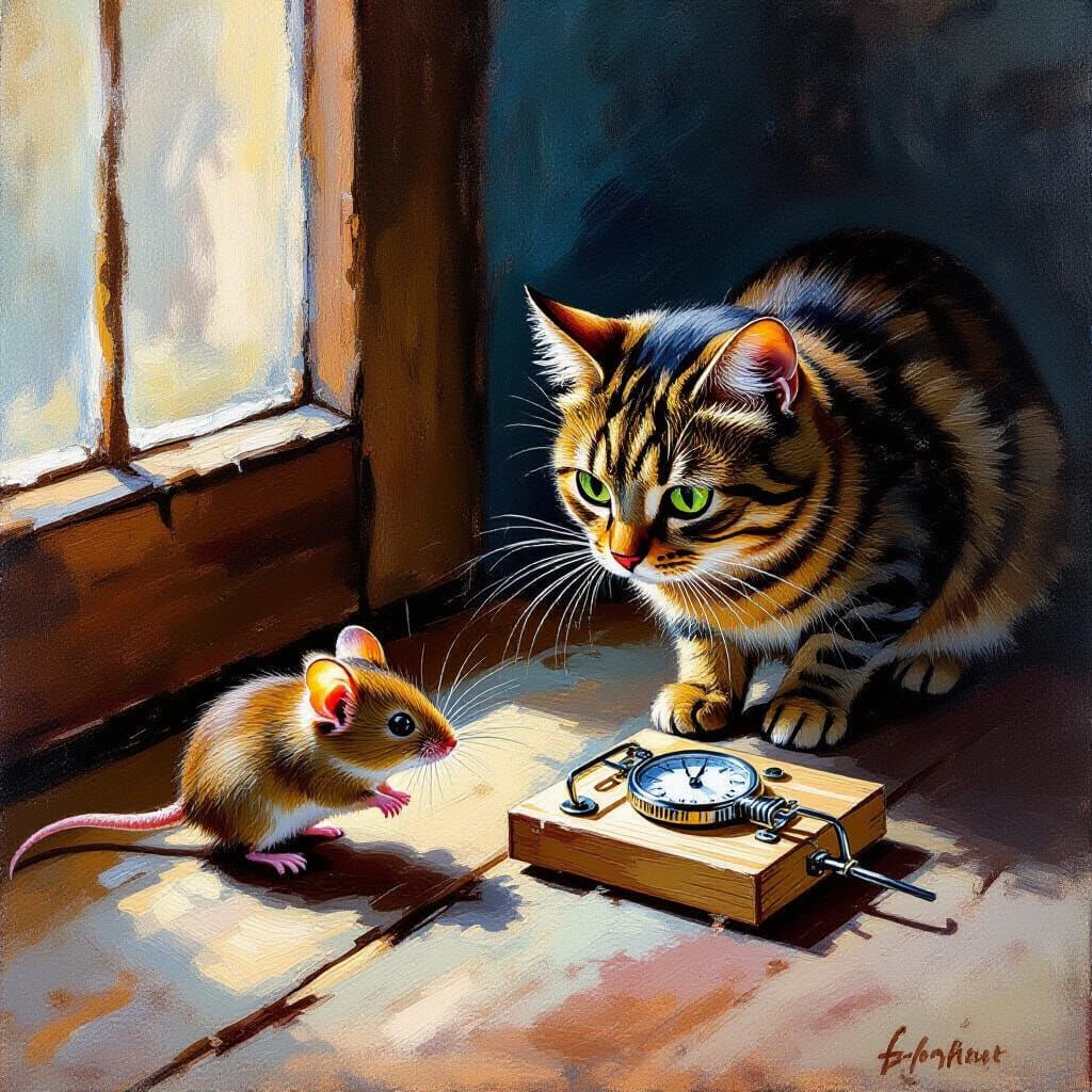 Tense Encounter: Mouse, Cat, and Mousetrap in Van Gogh Style