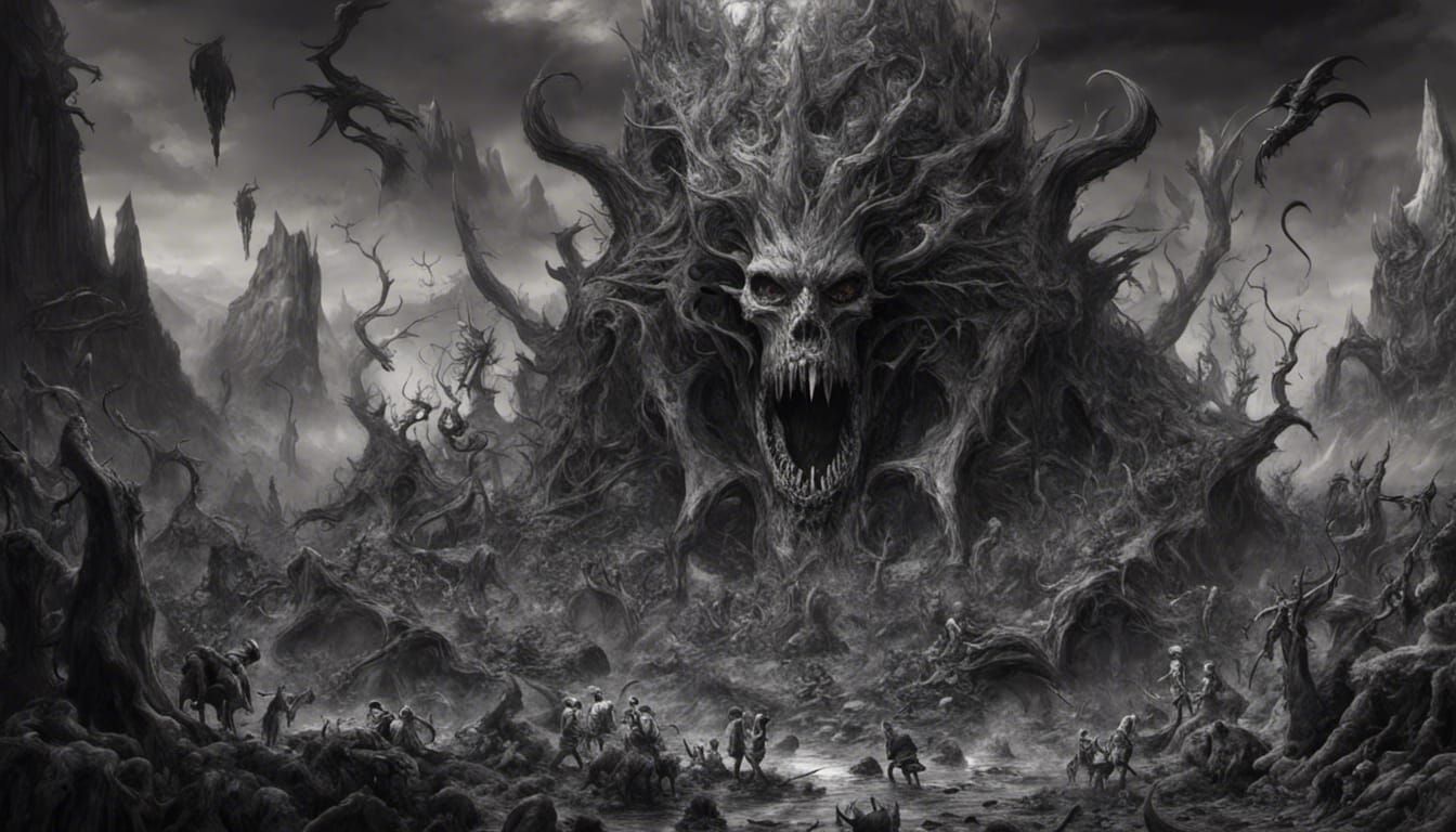 Chaotic Hellscape: Demons and Bones in Black and White