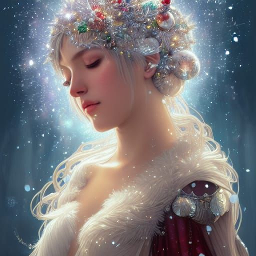 Crystalline Christmas Goddess Portrait in Art Nouveau Style