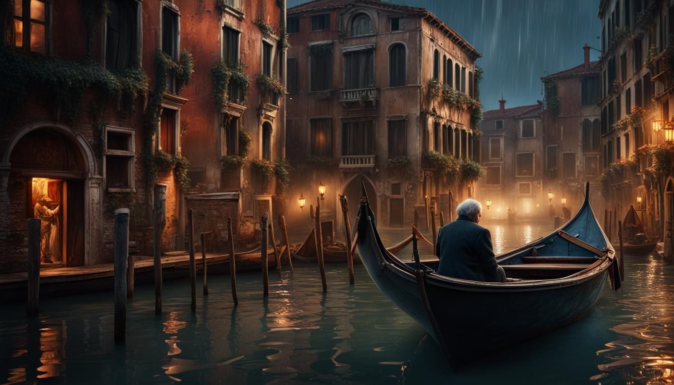 Venice Rainy Night: Matte Painting of Man in Boat