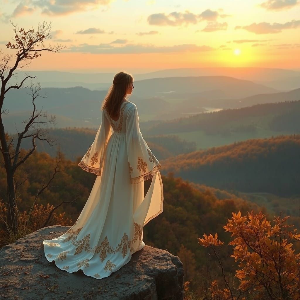 Ethereal Woman Contemplates Autumn Landscape at Dawn