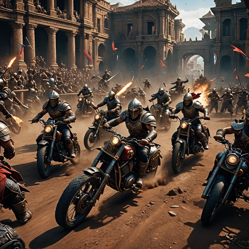 Gladiators Battle on Motorcycles: Detailed Matte Painting