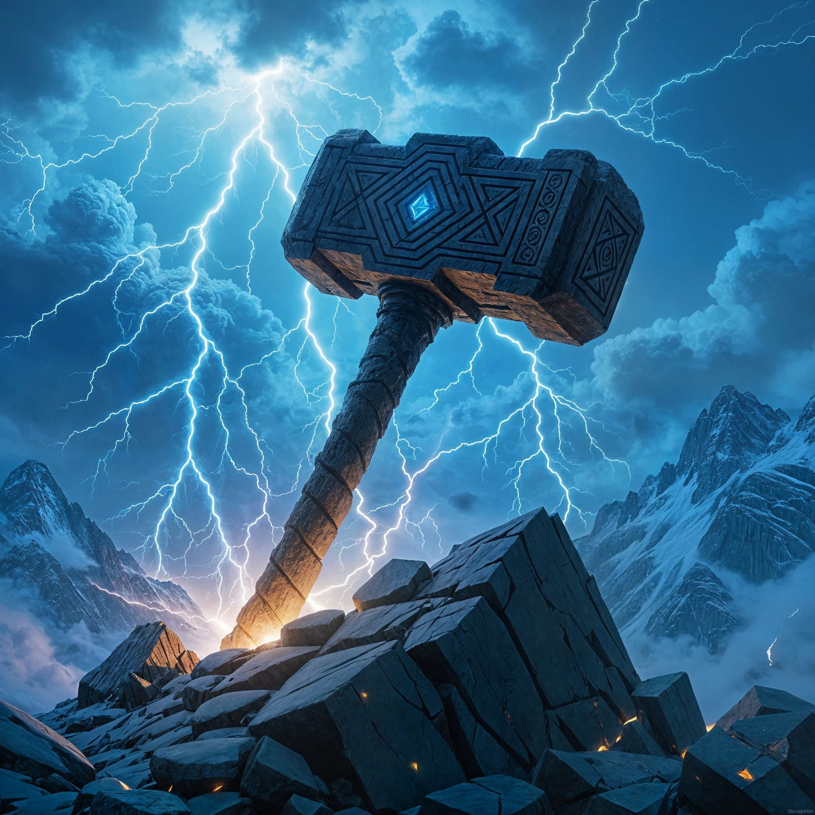Rune-Carved Hammer Embedded in Stone with Lightning