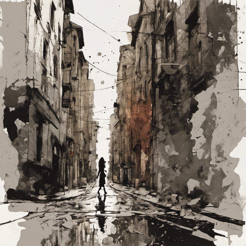 Woman Walks Abandoned Street in Neon Scribble Art