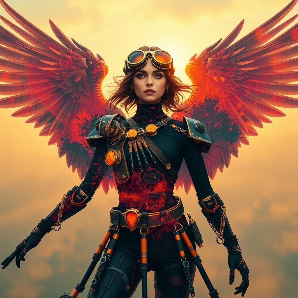 Steampunk Android Angel in Double Exposure Fusion