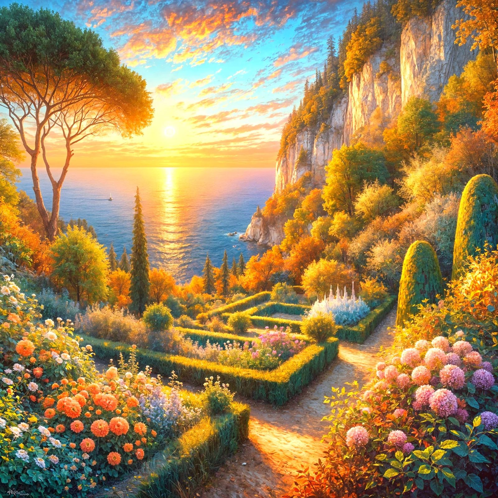 Seaside Garden at Sunset in Oil Painting Style