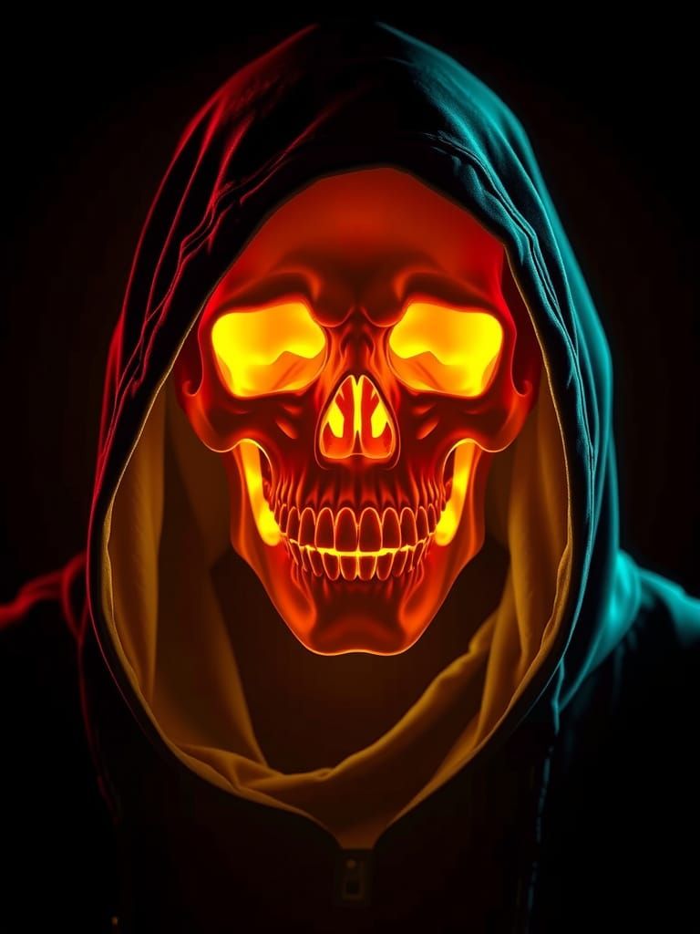 Neon Skull in Black Cloak, Vector Graphics Style