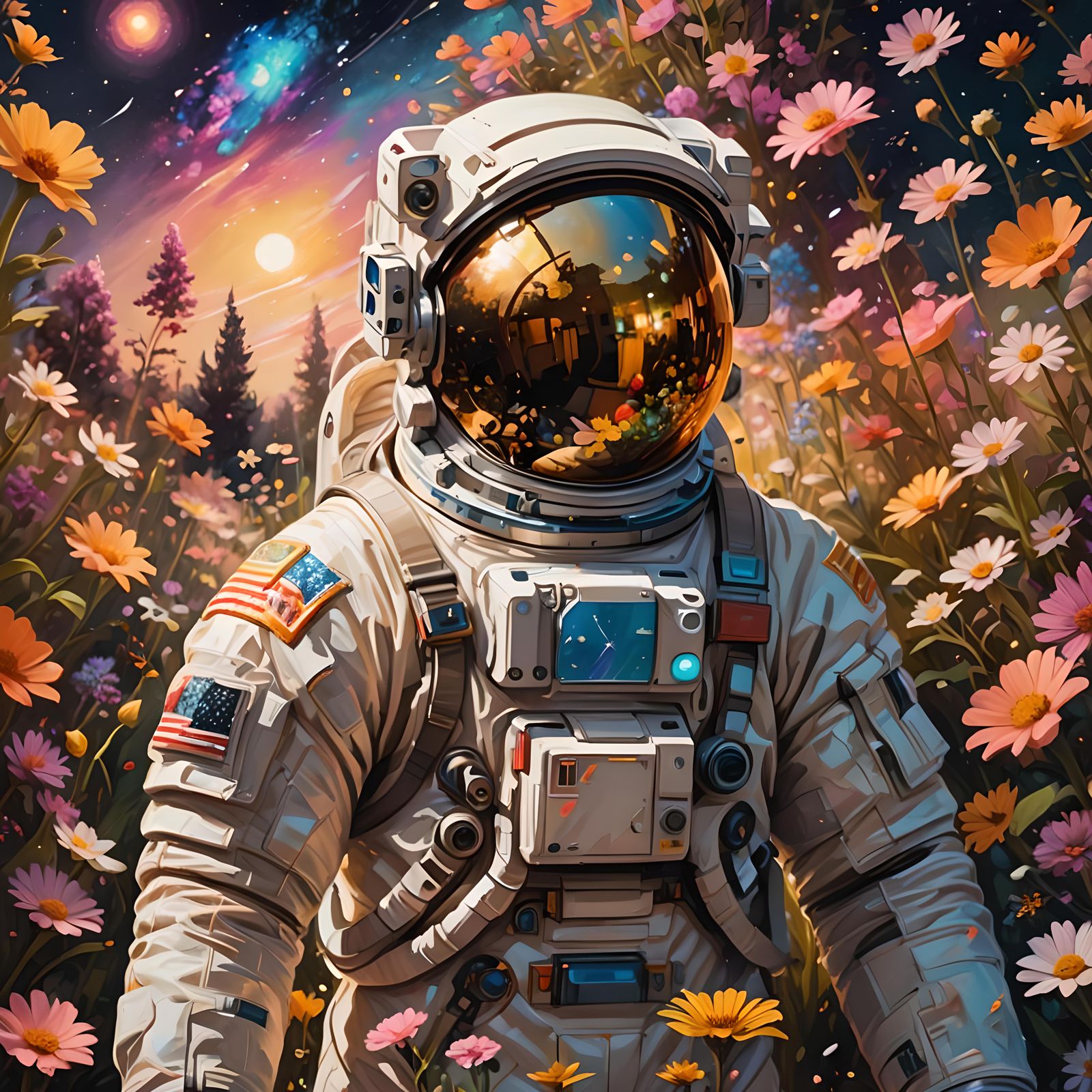Astronaut in Flower Garden Reflecting the Universe