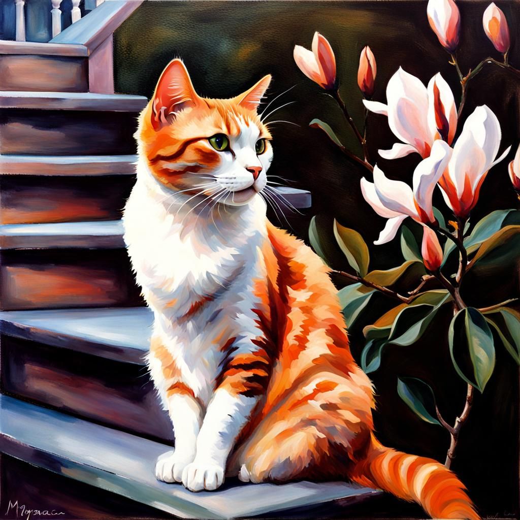 Renaissance Cat Admiring Spring Magnolias
