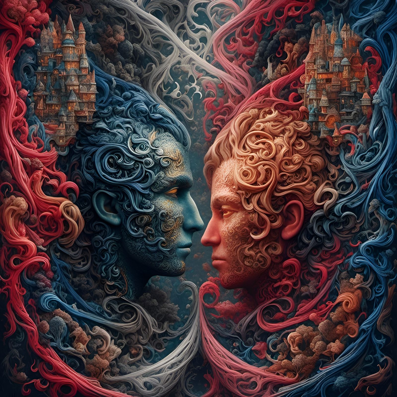 <lora:HeteroChromatic:1.0> Two worlds opposite colours , twi...