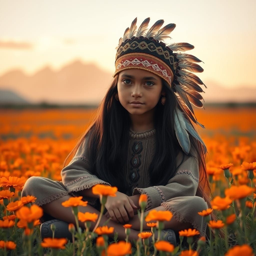 Native American Girl in Field of Flowers