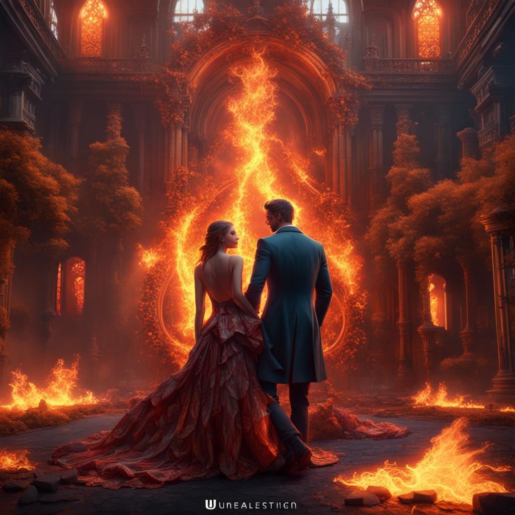 Fiery Couple's Love in a Fantasy Landscape