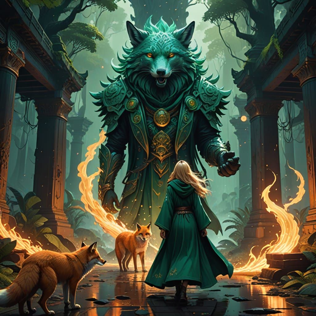 Golden Maiden Walks Towards Ancient Shrine in Rainforest