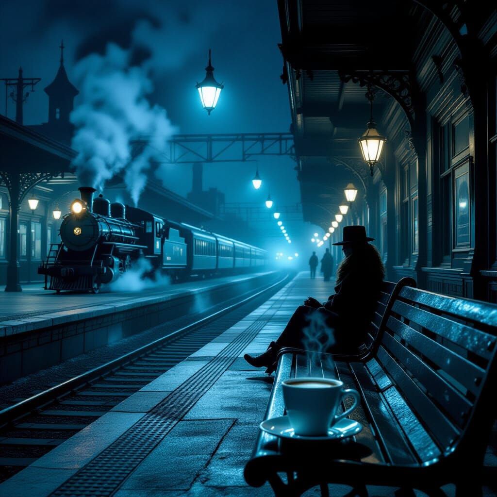 Ethereal Midnight Train Station with Spectral Passengers