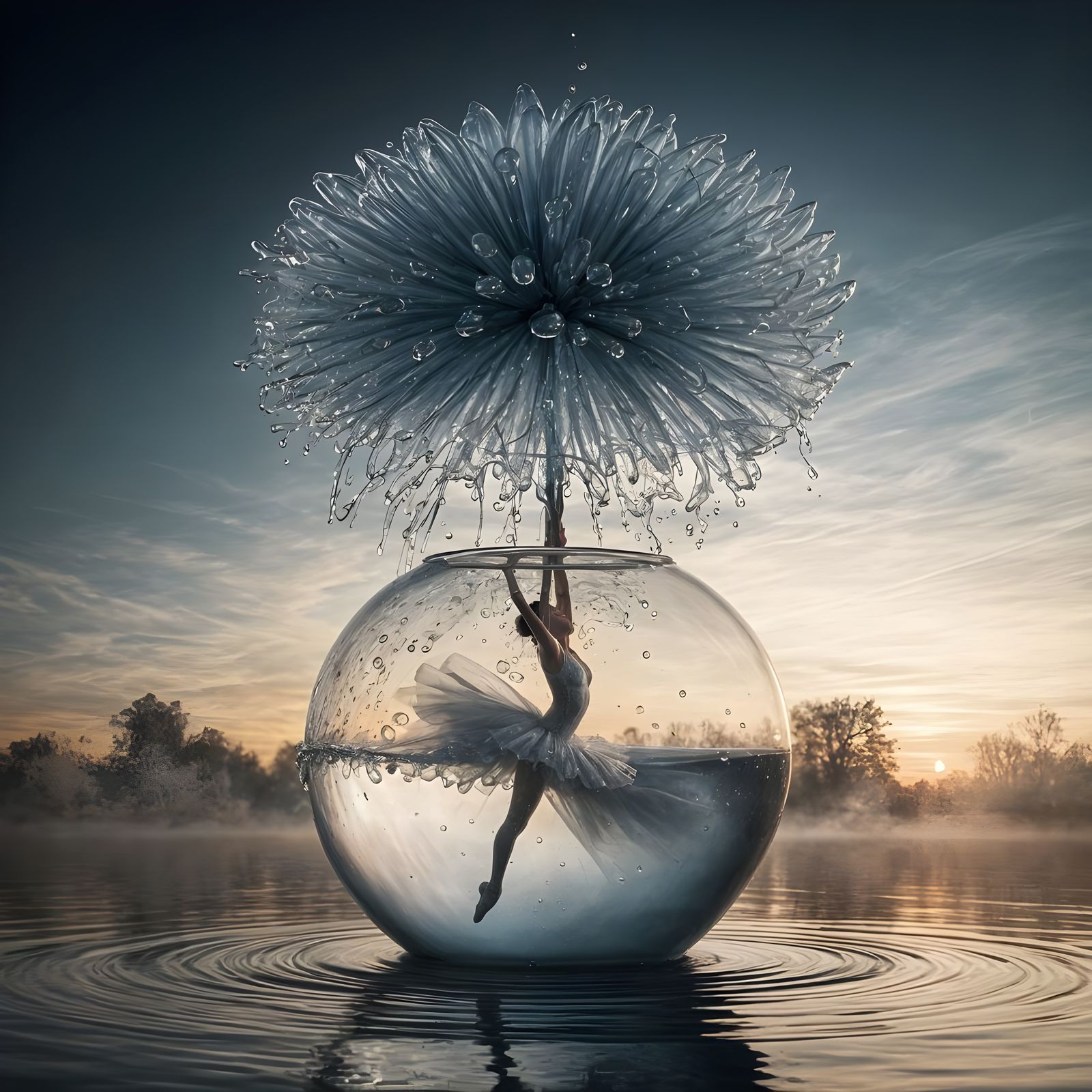 Hyperrealistic Water Flower in Smoky Sunrise Ballerina Scene