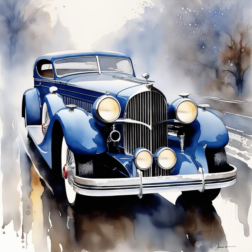 Blue Duesenberg in Watercolor Splash Art Style