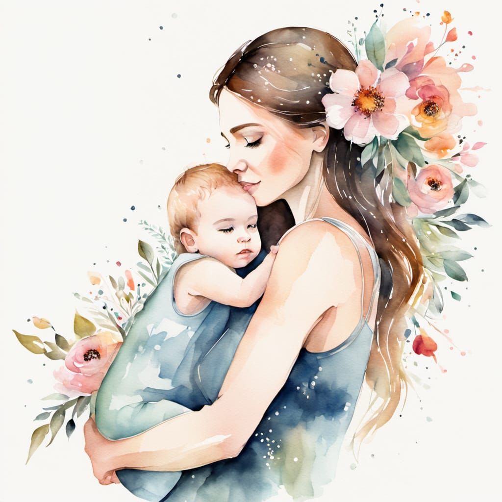 Mother and Baby in Floral Watercolor