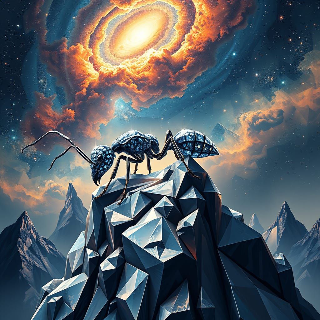 Giant Diamond Ant on Crystalline Peak Under Nebula Sky