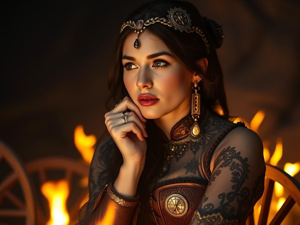 Steampunk Gypsy Woman with Amulet by Firelight