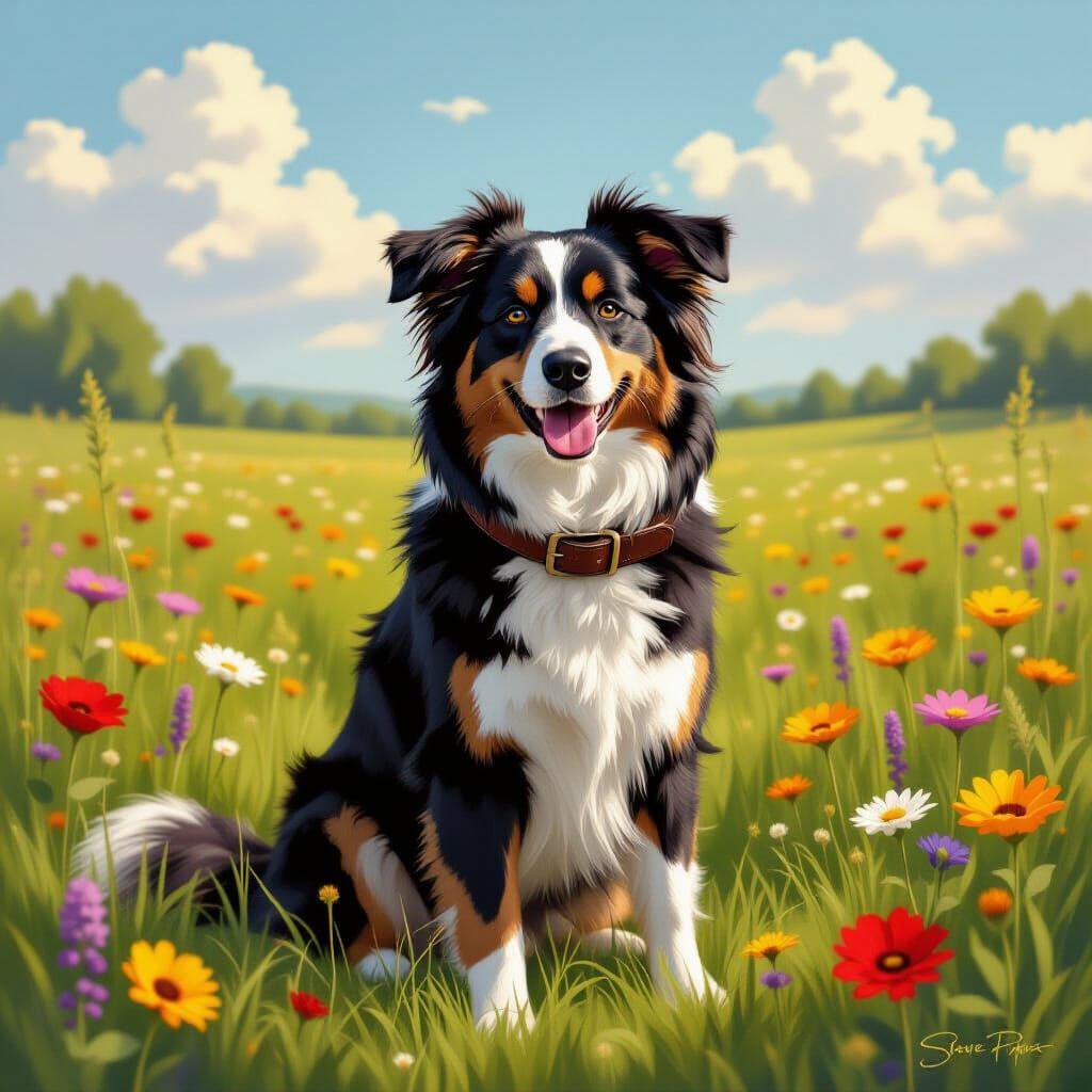 Border Collie in Meadow, Realistic Wildlife Art