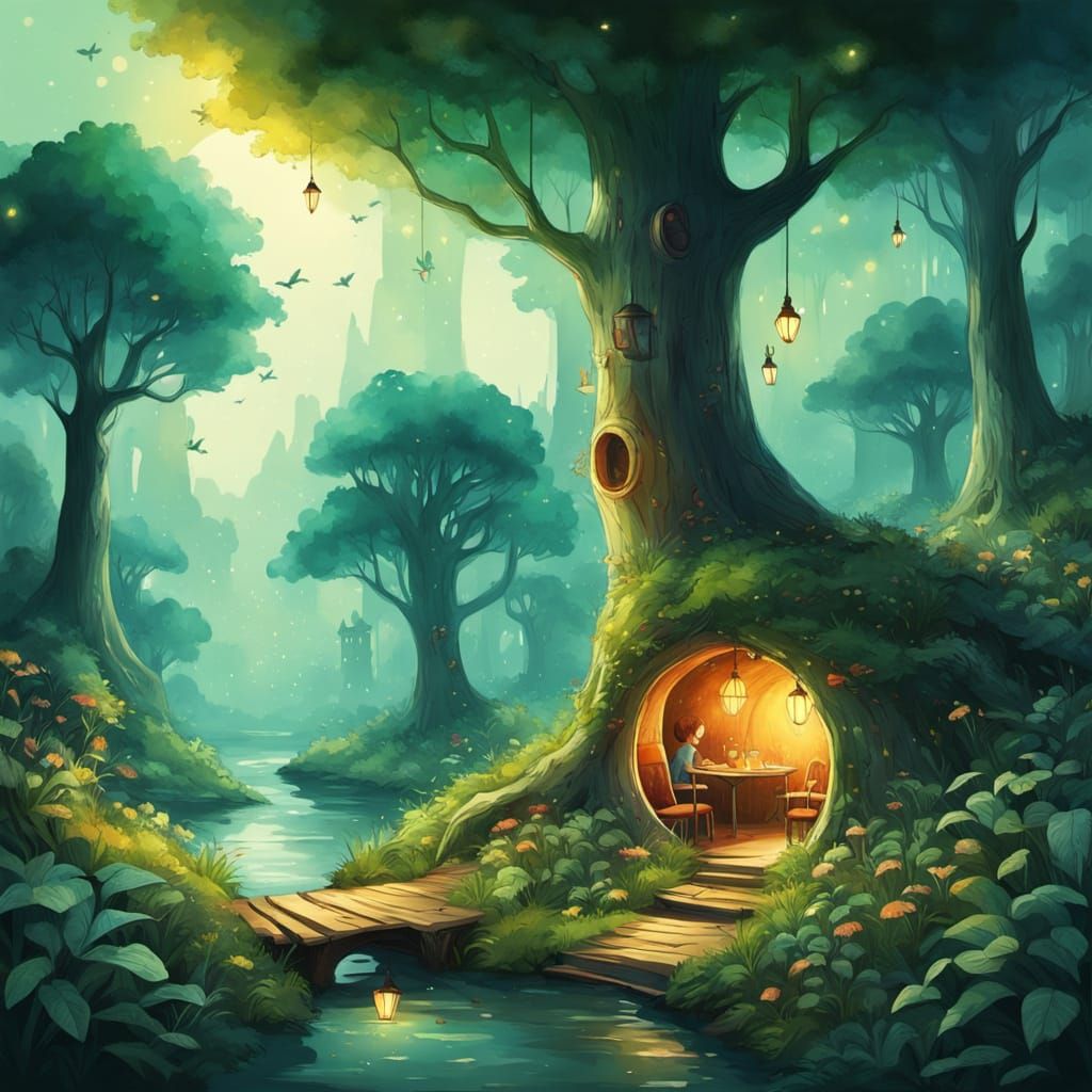 Whimsical Planet Inside Tree Hollow