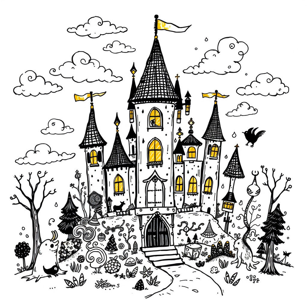 Enchanted Doodle Castle with Gold Accents