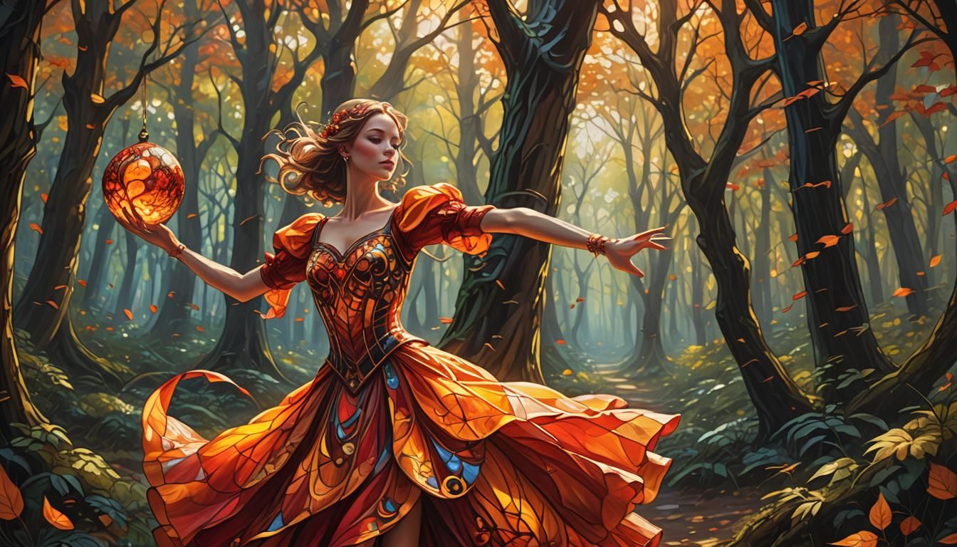 Stained Glass Ball Gown in Forest, Oil Painting