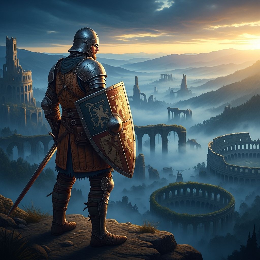 Knight Overlooking Misty Valley in Matte Painting Style