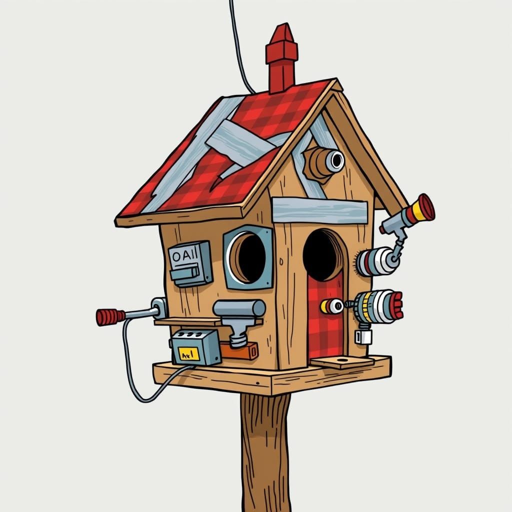 Humorous Duct Tape Birdhouse with Gadgets