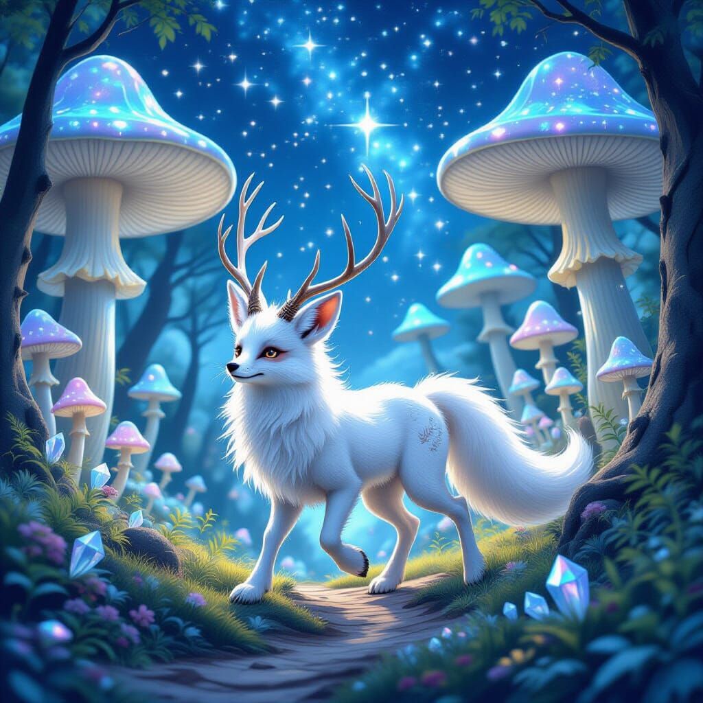 Mythical Albino Fox-Deer Hybrid in Enchanted Crystal Forest