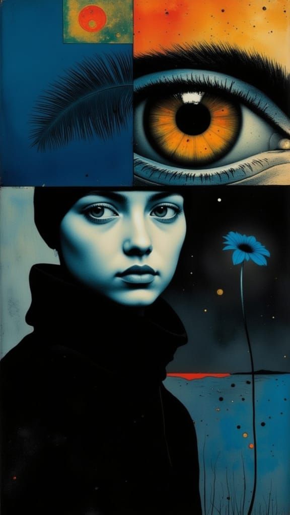 Surreal Blue Gothic Scene with Copper Iridescence and Whimsi...