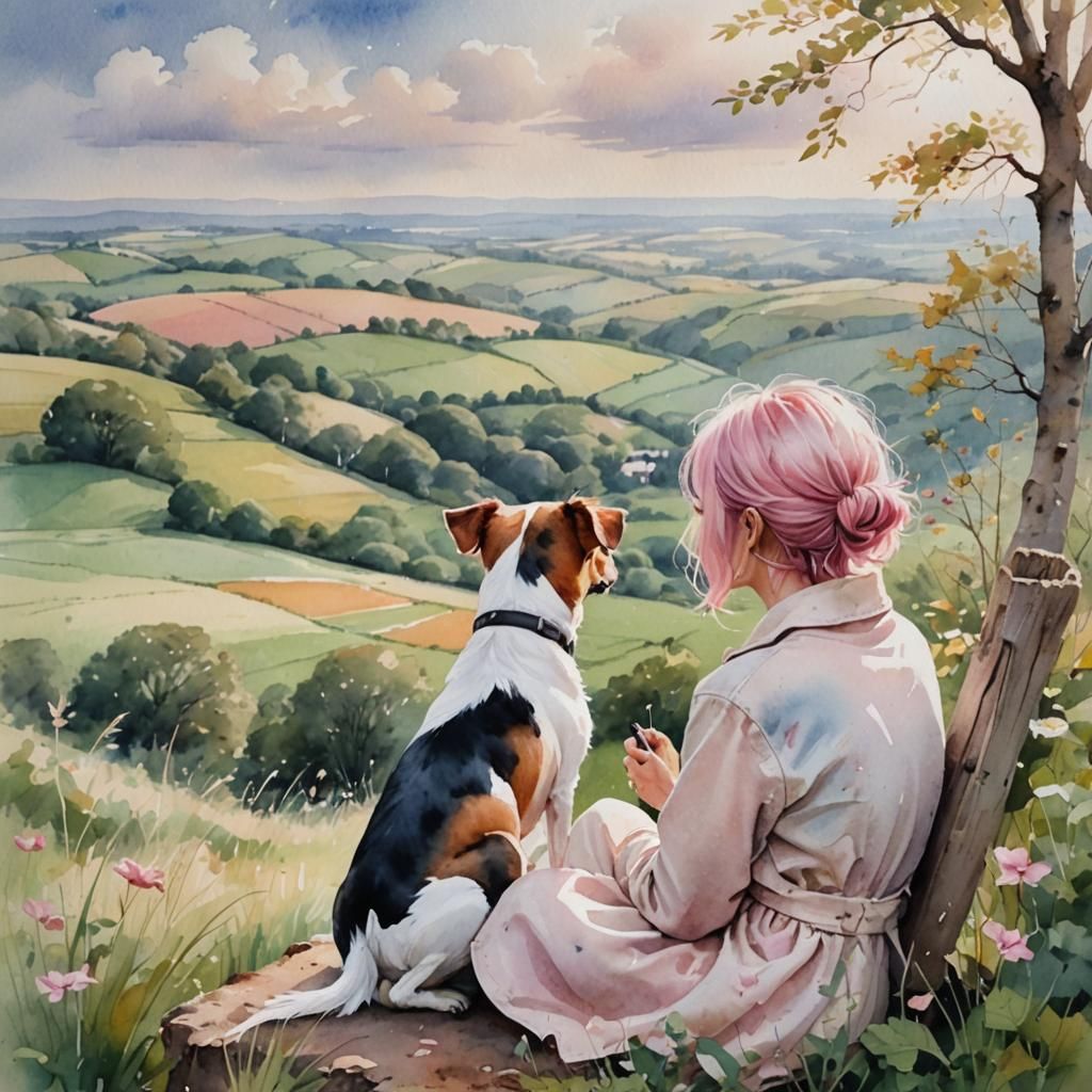 Woman and Dog Admire Landscape in Watercolor Style
