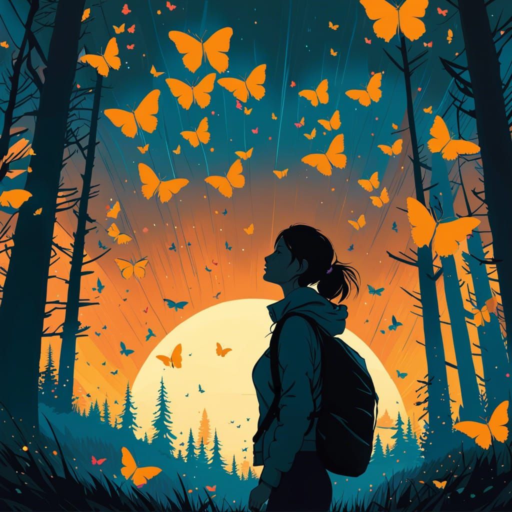 Woman Surrounded by Butterflies in Minimalist Vector Art