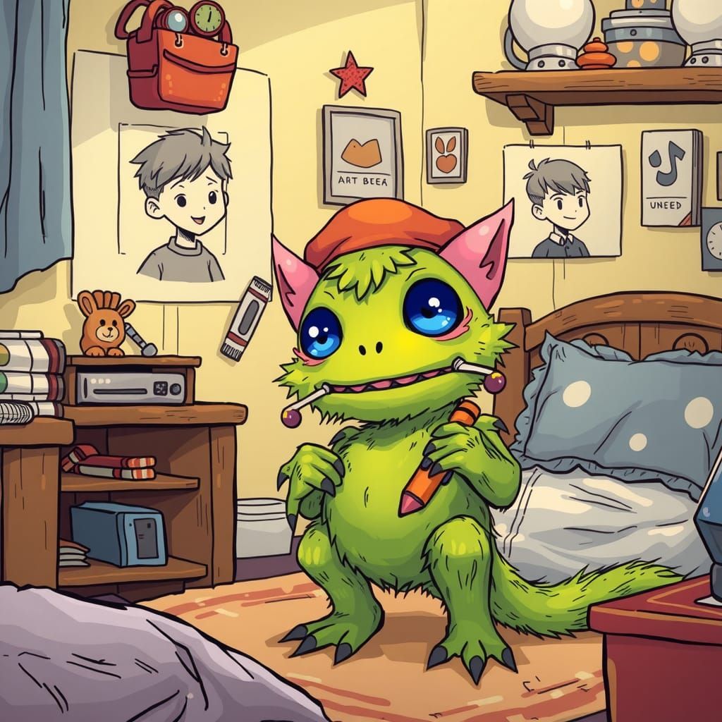 Endearing Monster Draws Boy: Colorful Anime Illustration