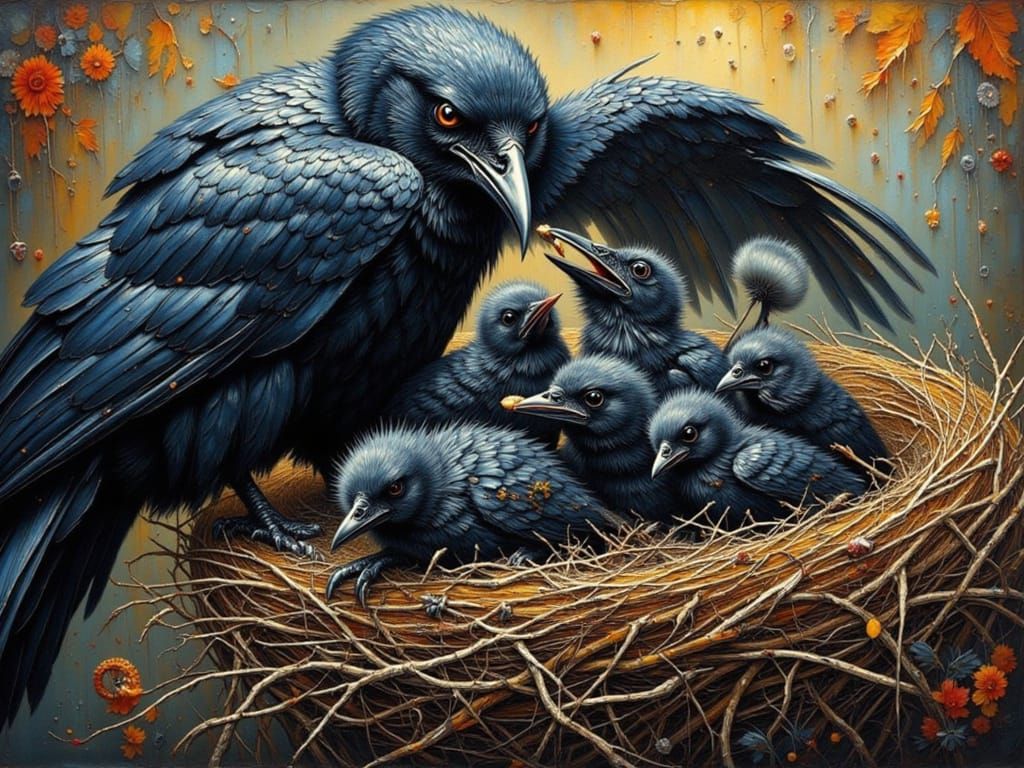 Mother Raven Feeds Chicks in Textured Impasto Nest