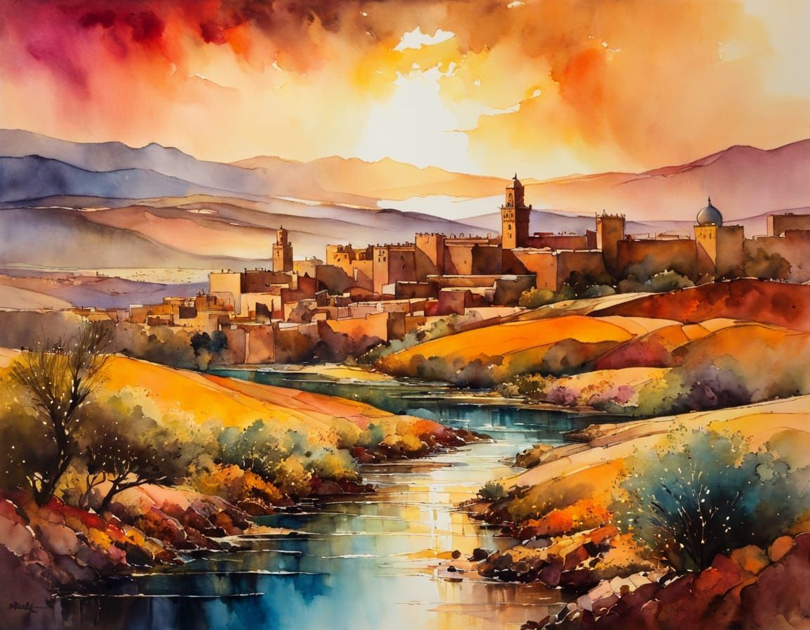 Moroccan Landscape in Impressionistic Watercolor Style