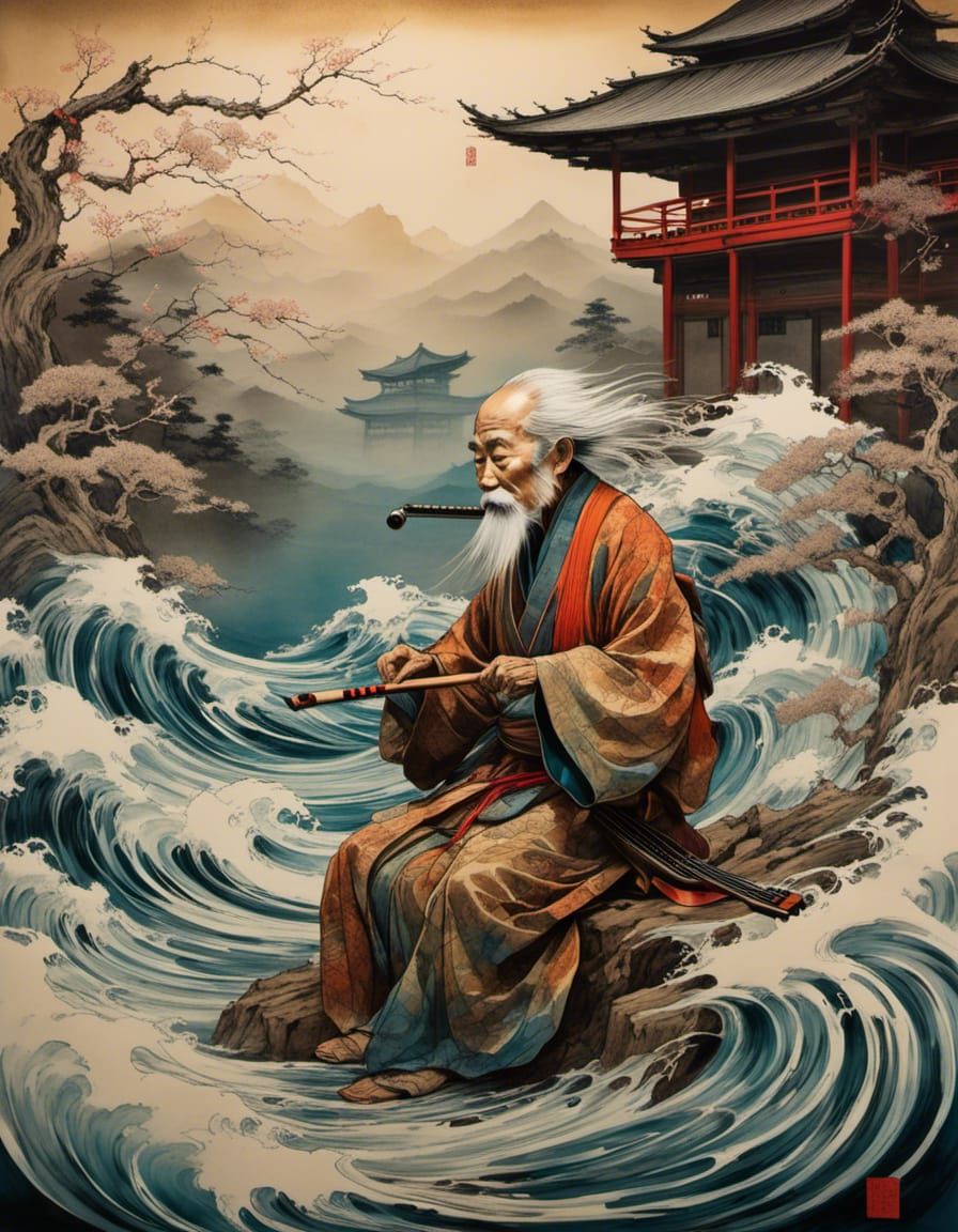 Mythical Figure Plays Shamisen Amidst Turbulent Waves