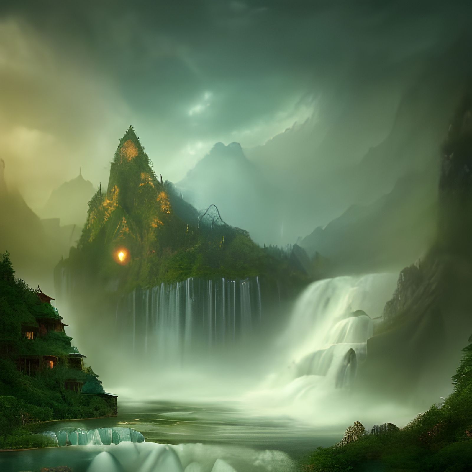 Fantasy Palace Near Mountain Waterfall: Digital Matte Painti...
