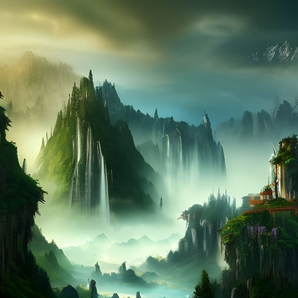 Fantasy Palace Near Mountain Waterfall: Digital Matte Painti...