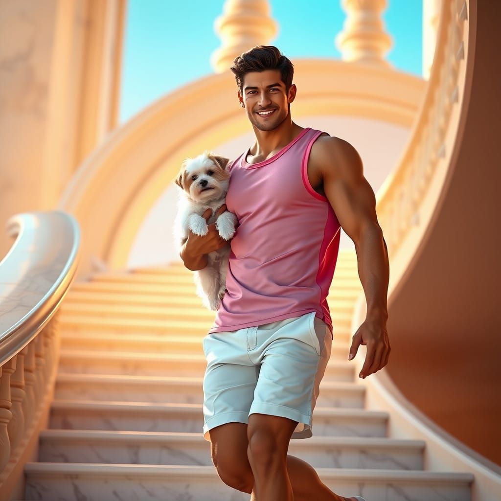 Chiseled Hero Descends Staircase with Loyal Companion