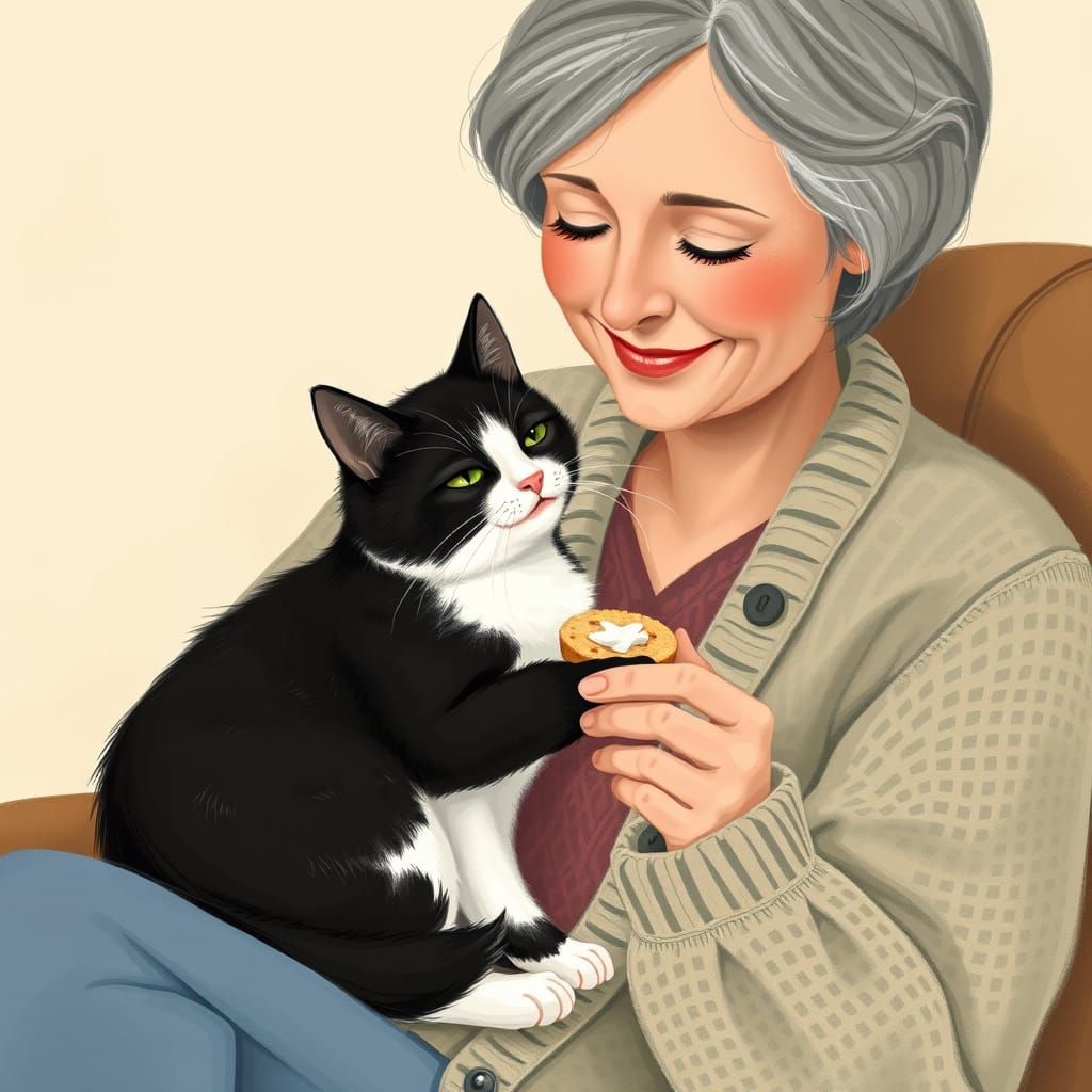 Heartwarming Portrait of Woman and Cat, Delicate Art