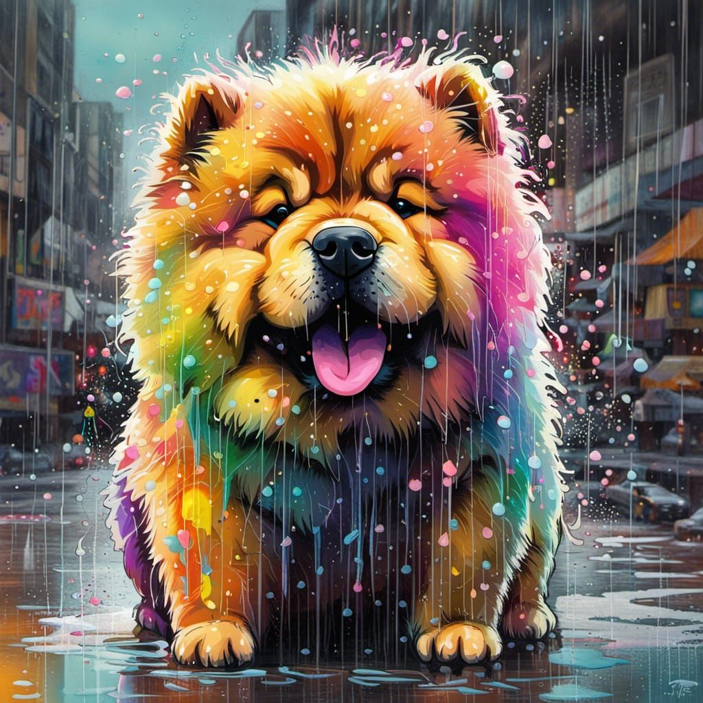 Colorful Chow Chow in Rain, Graffiti Art