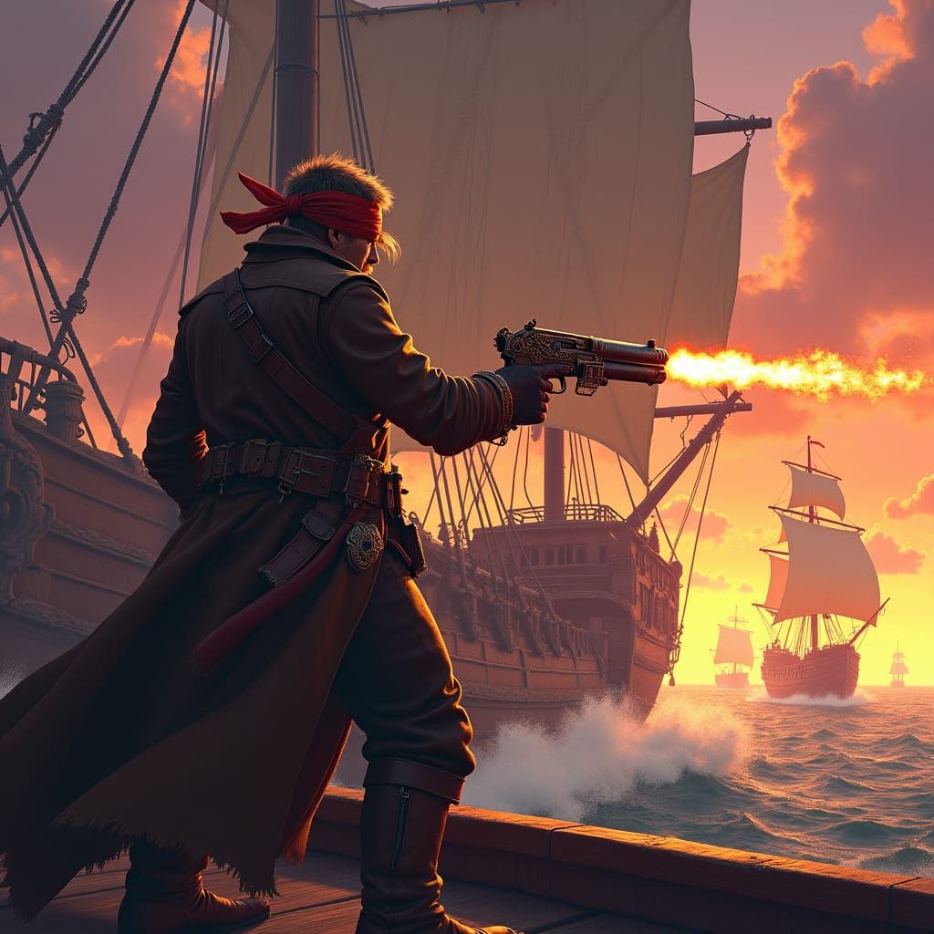 Garfield the Gunslinger on a Galleon at Sunset