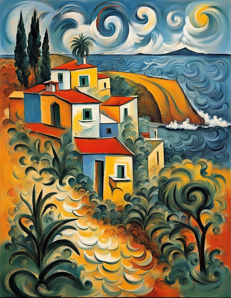 Mediterranean Landscape in Cubist Style