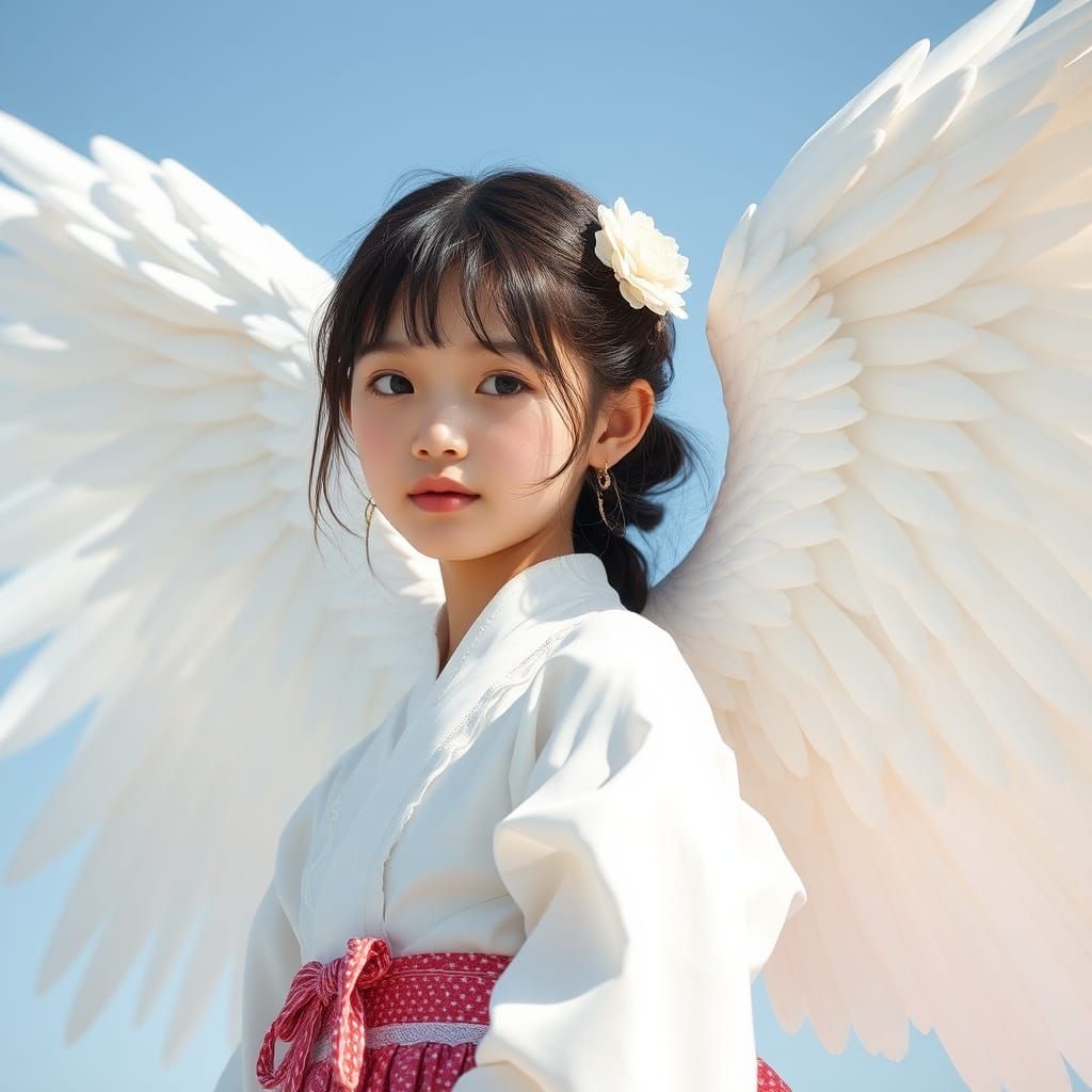 Angelic Japanese Girl with White Wings