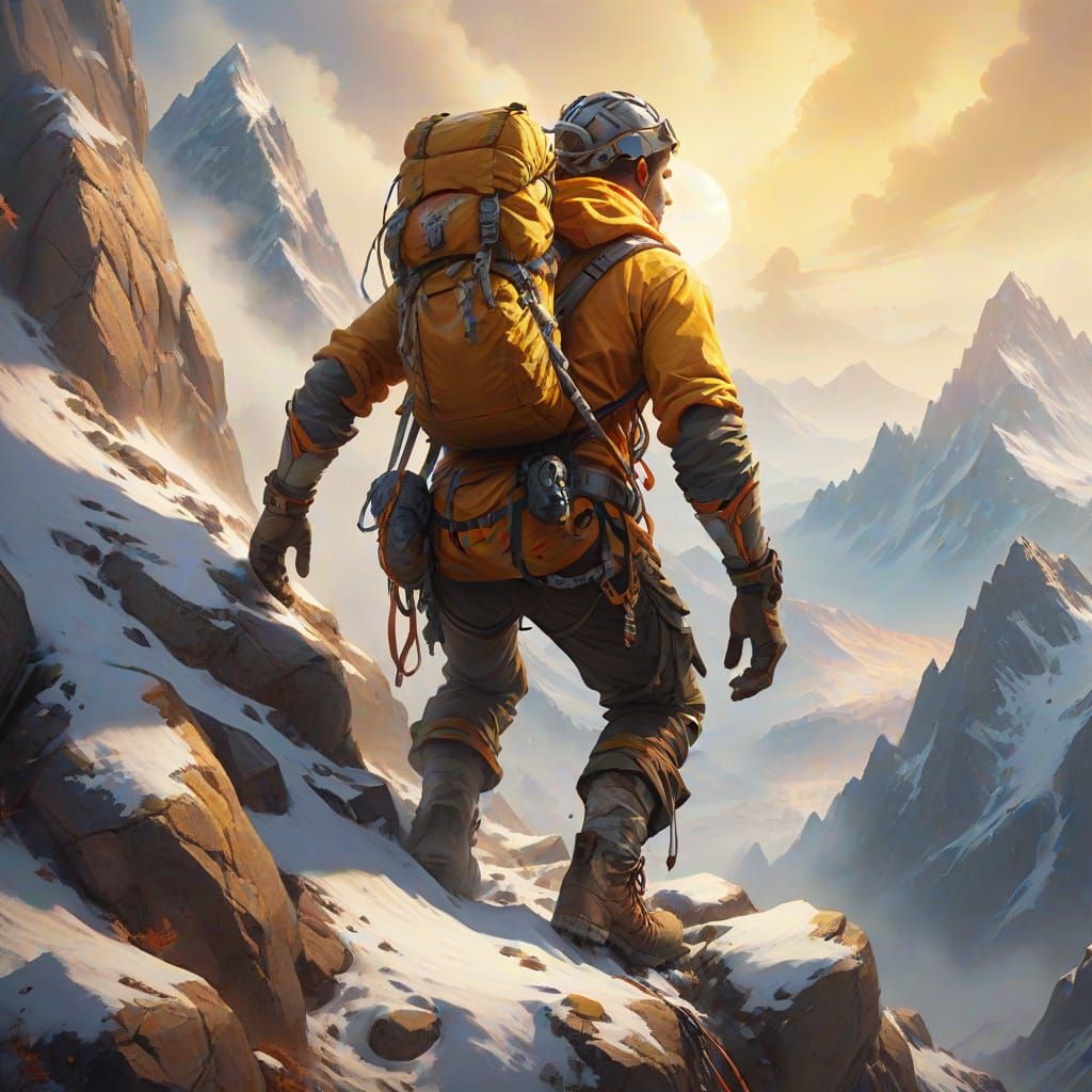 Climber Ascends Snowy Mountain in Oil Painting Style