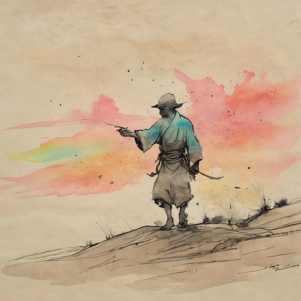 Goblin Walks Desert Under Aurora: Ink Drawing